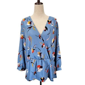 Halogen Womens Surplice Peplum Blouse Size XL Blue Purple Floral Long Sleeve NWT - Picture 1 of 12