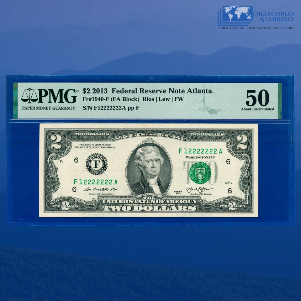 2013 FRN $2 Rare Fancy Near Solid Serial Number 12222222, PMG ABOUT UNC 50 - Image 1 of 2