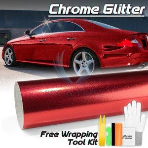 Chrome Glitter Red Sparkle Car Vinyl Wrap Sticker Decal Bubble Free Sheet DIY - Picture 1 of 12