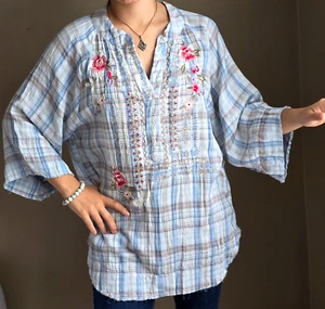 NWT Kyla Seo Caite Sz S Oversized Embroidered Plaid Blue Cotton Tunic Top Shirt - Picture 1 of 19