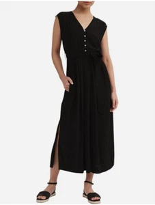 NEW Witchery Dress Womens 10 Black Sleeveless V-Neck Pockets Belt Midi 24811 - Picture 1 of 14