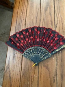 Black And Red Fan With Sequins Gold Onthe Bottom Plastic Handle - Picture 1 of 6
