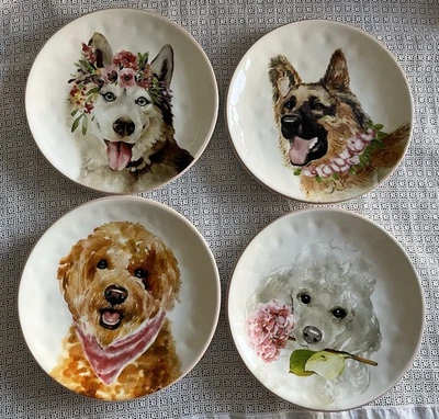 Lote de 4 PIER 1 IMPORTACIONES CACHORROS ELEGANTES Platos de Ensalada Perros con Flores Dolomita 8.25" Foto 1 de 4