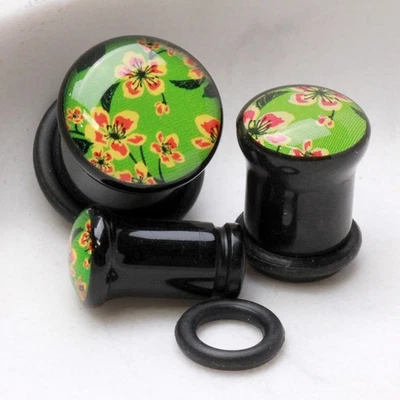 PAR de tapón de llamarada única flor oriental acrílico UV verde con junta tórica Foto 1 de 3