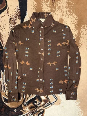 Vintage Womens Shirt Floral Disco MCM Woodstock Mod 1960s 1970s Butterfly - Image 1 of 4