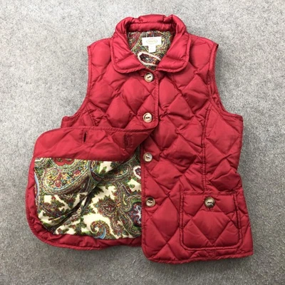 Talbots Vest Womens Medium Red Quilted Down Puffer Paisley Lining Button Front - Image 1 of 4