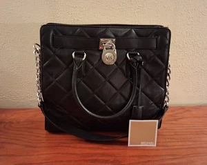 Bolso de Hombro Michael Kors Grande Hamilton Acolchado Bolso de Mano Cuero Cerradura y Llave Negro - Imagen 1 de 6