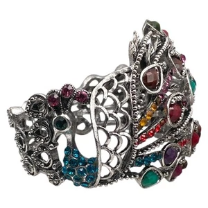 Brazalete Brazalete Vintage Tono Plata Multicolor Estrás Pavo Real Bisagras A1010J - Imagen 1 de 13