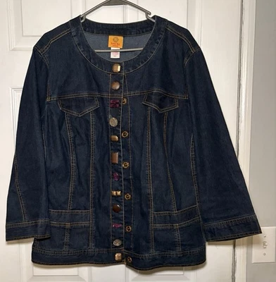 RUBY RD Jean Jacket Embellished Button/Snaps Round Neck Rockabilly Stretch 22W - Image 1 of 3