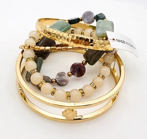 Gold Tone Bangle Stretch Natural Stone Bead Five Stack Bracelet Set - Picture 1 of 7