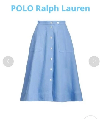 Raro POLO Ralph Lauren Lino Falda Abotonada Azul Línea A Para Mujer Talla 4 Foto 1 de 4
