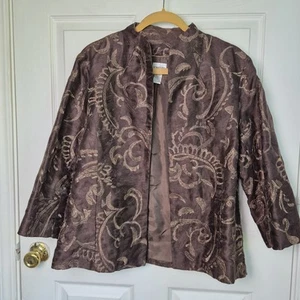 Blazer donna grande marrone oro misto lino manica 3/4 tasche Chico's taglia 2 - Foto 1 di 4