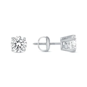 1 Ct Round Created Diamond Real 14K White Gold Stud Earrings Basket Screw Back - Picture 1 of 3