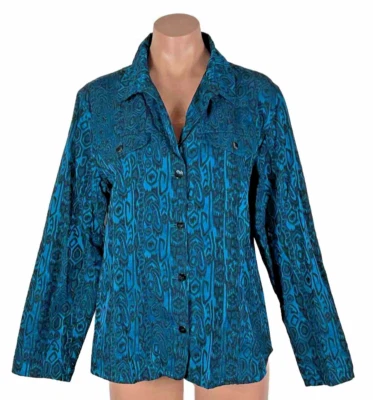 Chaqueta Chico’s Azul Estampado Tribal Mezcla Seda Botón Delantero Manga Larga Talla 2 L Ikat Foto 1 de 4