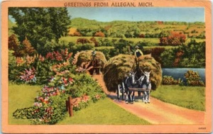 1950er Mi Postkarte Grüße von Allegan Michigan Pferde Hay Bales Bloomingdale  - Bild 1 von 2