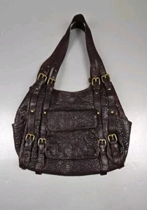 Kooba Large Dark Brown Buckled Distressed Pebbled Leather Shoulder Hobo Tote  - Picture 1 of 7