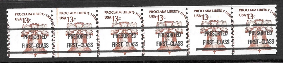 MISPERFORATED Scott #1618a 13c Bell Gap/Joint Line Strip of 6, Dull Gum, MNH - Image 1 of 1