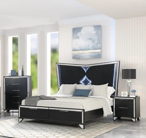 3pc Modern Luxury Style LED Light Queen Storage Bed Chest Nightstand Set Black - Picture 1 of 5