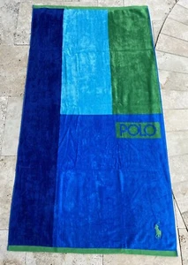Authentic Polo Ralph Lauren Large Beach Towel Iconic Logo 100% Cotton Navy Green - Picture 1 of 10