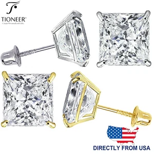 14K Weißgold Quadrat Princess Cut Zirkonia Schraubverschluss Ohrstecker - Bild 1 von 8