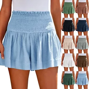 Summer Women'S Large Size Solid Color Breathable Cotton Linen Wide-Leg Shorts US - Picture 1 of 45