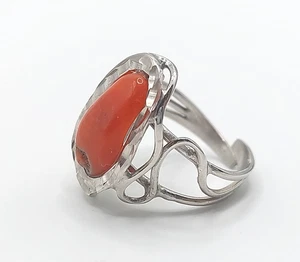 Adjustable Red Coral Cabochon Ring Sterling Silver Handmade Unique Design - Picture 1 of 11