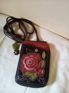 New Chala Wallet Crossbody Pleather Organizer Cell Phone Bag RED ROSE Black - Picture 1 of 6