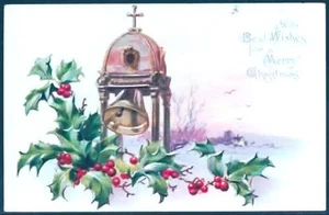 1¢ WONDER'S ~ TUCK'S EMBOSSED CHRISMAS HOLLY WITH BELL RINGING 190? ~ H224 - Picture 1 of 1