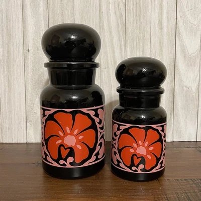 Tarros con tapa de burbujas de boticario vintage años 70 Groovy rojo rosa floral negro Foto 1 de 4
