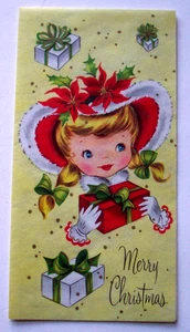 Mädchen in Rot hält Geschenk unsigniert Vintage Weihnachtsgrußkarte * XX21 - Bild 1 von 3