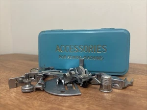 Vintage Accessories for Sewing Machine/ BLUE LIDDED tin hinge METAL BOX - Picture 1 of 5