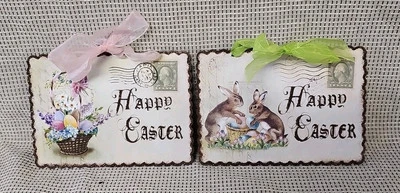 PairPrim Antique Vtg Style Happy Easter Egg Basket, Bunny Post Card Tin Signs - Image 1 of 2