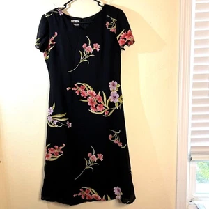 Vintage 80s 90s David Warren DW3 Dark Floral Cap Sleeve Dress Black Pink Sz 12 - Picture 1 of 6