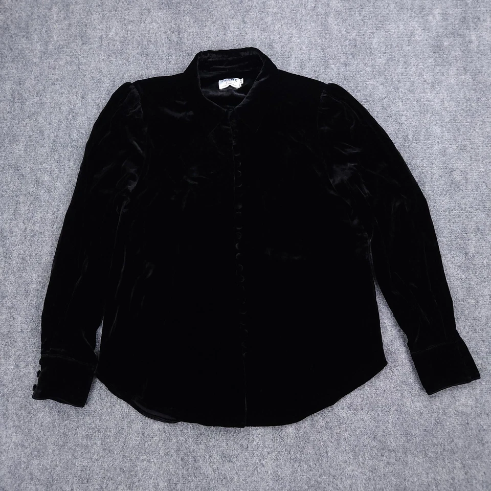 Camisa MARCO Mujer Mediana Negra Terciopelo Mezcla Seda Botón Frontal Manga Larga Top Foto 1 de 4