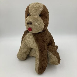 Vintage / antikes strohgefülltes Hund Stofftier 35 cm - braun & creme, beweglicher Kopf - Bild 1 von 14