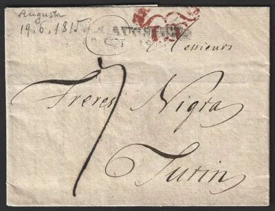 Italy 1815 prestamp cover with sl AUGUSTA to Turin with fancy red L.T. & dc "7" - Image 1 of 2