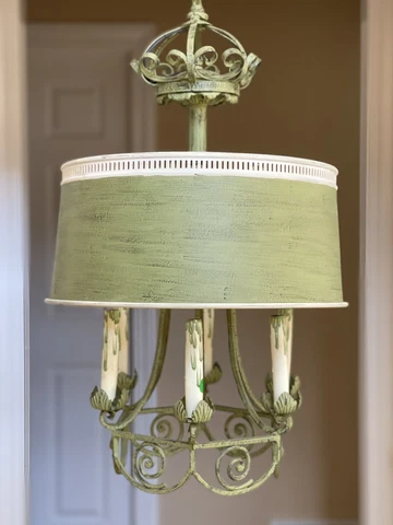 Vintage French Country Green Wrought Iron Tole Bouillotte Chandelier 6 Light Cover