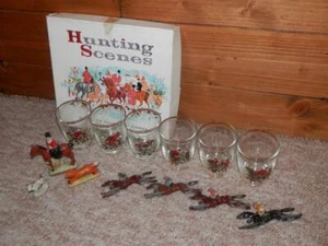 6 Vintage Decorated Hunting Scenes Port Glasses W/ Hunting and Jockey Figurines - Picture 1 of 10