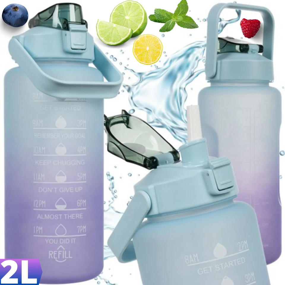 Motivationswasserflasche mit Zeitmarkierung und Strohhalm 2 Liter 24496