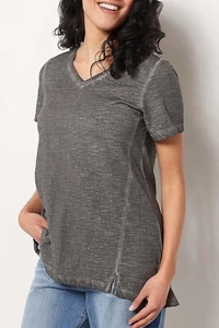 LOGO von Lori Goldstein Distressed Cotton Slub V-Ausschnitt Oberteil geräucherte Perle - Bild 1 von 1