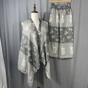 NWT 2 Pc Indonesia Batik Top Capri Pants Boho Hippie Set Cotton S/M NEW GrayWht - Picture 1 of 14