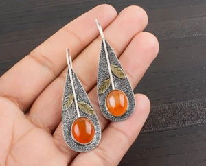 Carnelian Gemstone Dangle Earrings 925 Sterling Silver Handmade Jewelry For Gift - Picture 1 of 5
