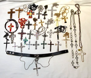 33 Religious Cross Jewelry Lot Pendant Necklace Few Signed Brighton, Lia Sophia+ - Picture 1 of 24