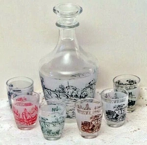 Vintage Verrerie D'arques Scenic Glass Liquor Set With Decanter & Six Glasses - Picture 1 of 3