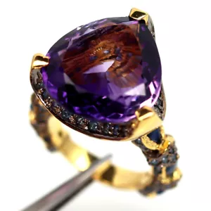 925 Plata 17 x 18 Mm. Amatista Violeta & Zafiro Azul Joyería Anillo Tamaño 6 - Imagen 1 de 4