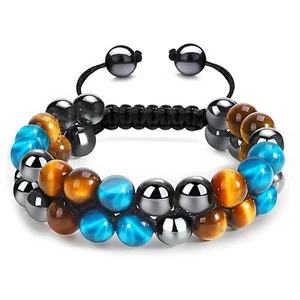 Triple Protection Bracelets Blue Tiger Eye Hematite 8mm Beads Bracelet for Men - Picture 1 of 10