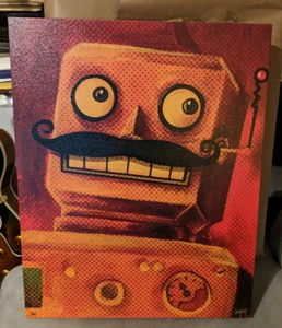 Vintage Styled mustachioed Robot 16x20 Canvas Art Print Lowbrow Kawaii Creepy - Picture 1 of 1