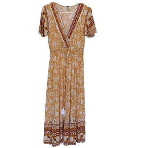 Maxi Vestido Viscosa Verano Shein Talla Mediana Amarillo Nudo Floral Cuello en V - Imagen 1 de 12