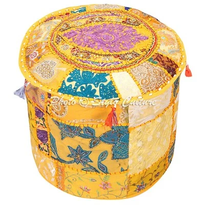 Ethnic Round Outdoor Pouffe Ottoman Patchwork Embroidered Pouf Cover Cotton 16" - Image 1 of 3