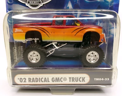 Muscle Machines 1:64 Scale Truckin' Lifted Red & Orange 2002 Radical GMC Truck - Image 1 of 4